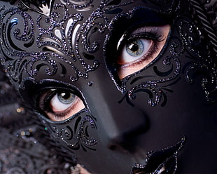 black glitter masquerade, mask, blue eyes, black, venetian masks HD wallpaper