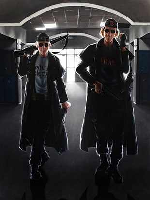 two male characters digital wallpaper, columbine, sunglasses, men