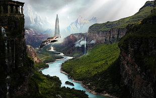 river between mountains in distant of tower, landscape, canyon, river, digital art