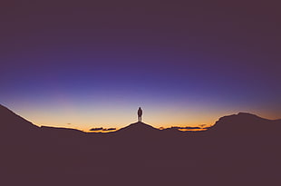 silhouette of person standing on hill at golden hour, landscape, silhouette HD wallpaper