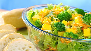 assorted vegetable salad inside round glass bowls