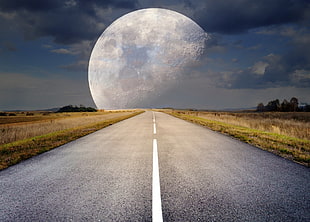landscape photo of full moon exposure center of road HD wallpaper