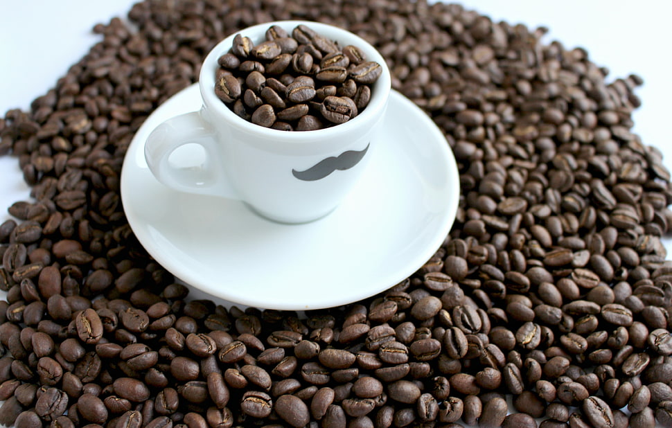 coffee beans with white ceramic mug and saucer HD wallpaper