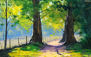 green leaf trees painting, Graham Gercken, painting, trees, fence