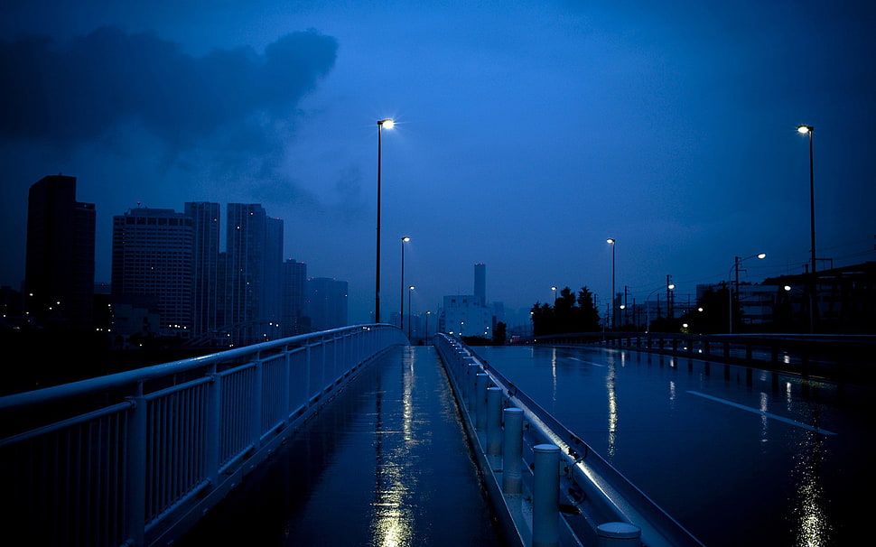 white steel fence, street, rain HD wallpaper