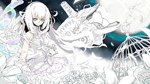 white and black floral print textile, anime, whale, white, white hair