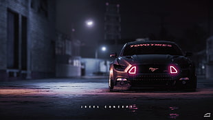 black Ford Mustang, dark, car, vehicle, Ford