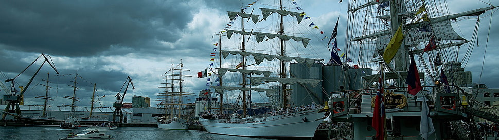 white galleon ship, multiple display, dual monitors, shipyard, ship HD wallpaper