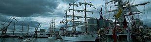 white galleon ship, multiple display, dual monitors, shipyard, ship