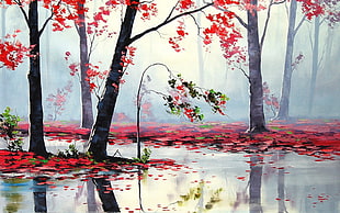 red leaf trees near body of water