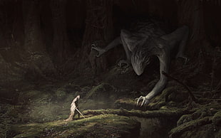 warrior and dragon in forest wallpaper, fantasy art, artwork