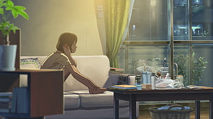 woman wearing brown shirt sitting on beige couch anime illustration
