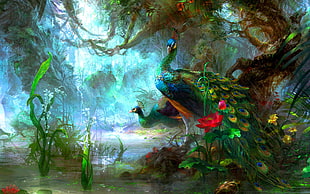 two green, blue and brown peacocks beside body of water painting