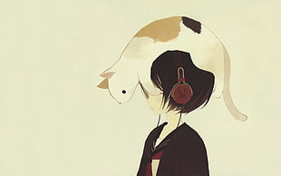 cat on anime character with black hair and headphones