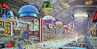 green and multicolored building illustration, Angus McKie, science fiction, computer, artwork