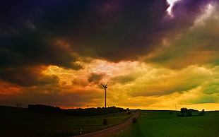 photo of wind turbine during sunset HD wallpaper