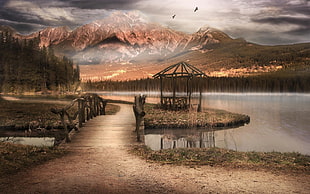 brown gazebo beside body of water painting, nature, landscape, mountains, water