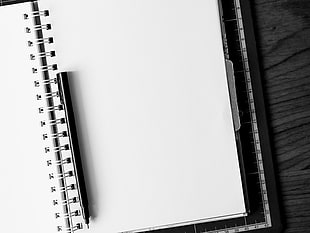 white blank notebook with black ballpoint pen