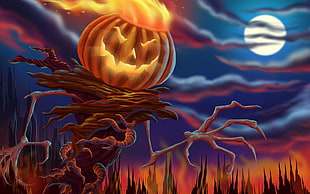 illustration of pumpkin, Halloween, pumpkin, Moon