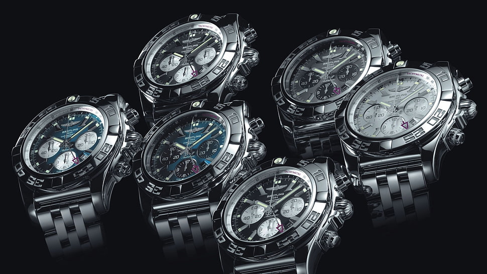 shallow focus photography of six round chronograph watches HD wallpaper