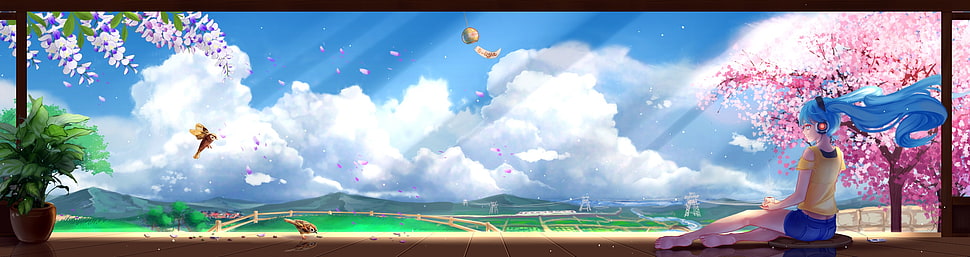 Hatsune Miku fan art, clouds, headphones, cherry blossom, birds HD wallpaper