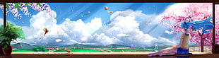 Hatsune Miku fan art, clouds, headphones, cherry blossom, birds