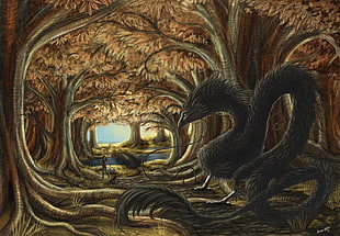 black dragon in forest illustration, dragon