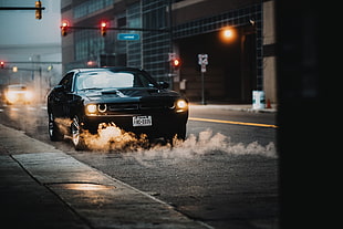 black Dodge sedan, car, smoke, street, traffic lights