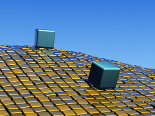 two blue cubes on brown pavements illustration