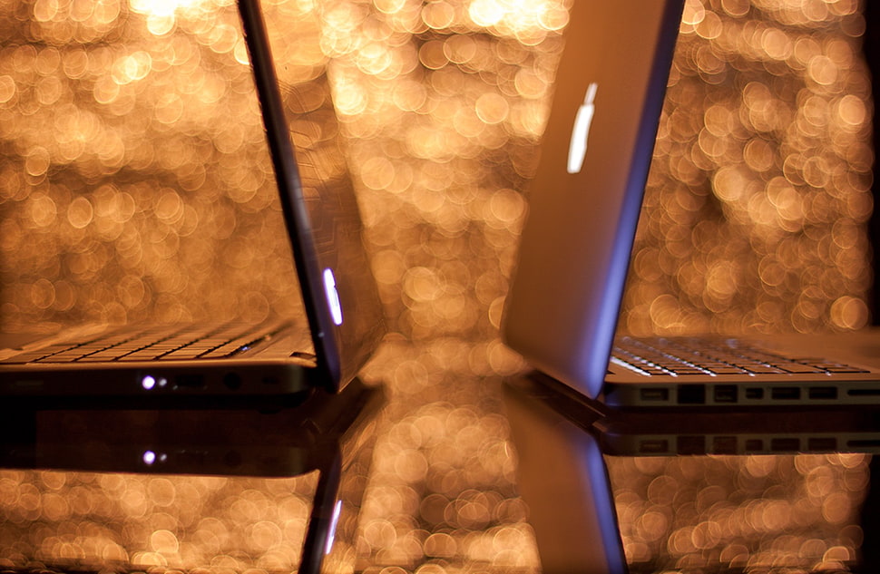 two gray MacBooks, Apple vs. Microsoft, bokeh, Apple Inc., Microsoft Windows HD wallpaper