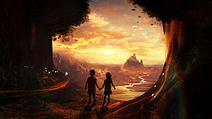 silhouette photo of two kids on cave