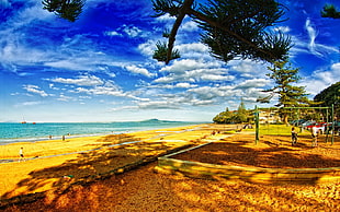 people near beach under cumulus clouds HD wallpaper