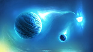 two blue planets illustration, planet, space, digital art, space art