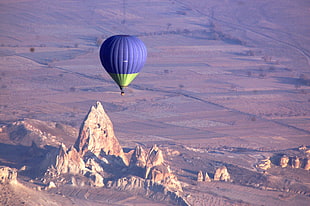 aerial photography of purple and green hot air balloon, cappadocia