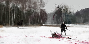 painting of horned monster silhouette in forest behind man beside animal carcass