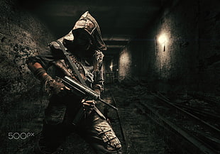 Assassin's Creed graphic wallpaper, apocalyptic, futuristic, men, weapon