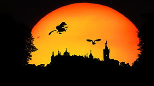 silhouette of witch under orange full-moon HD wallpaper