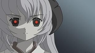 gray haired red eye female anime character illustration