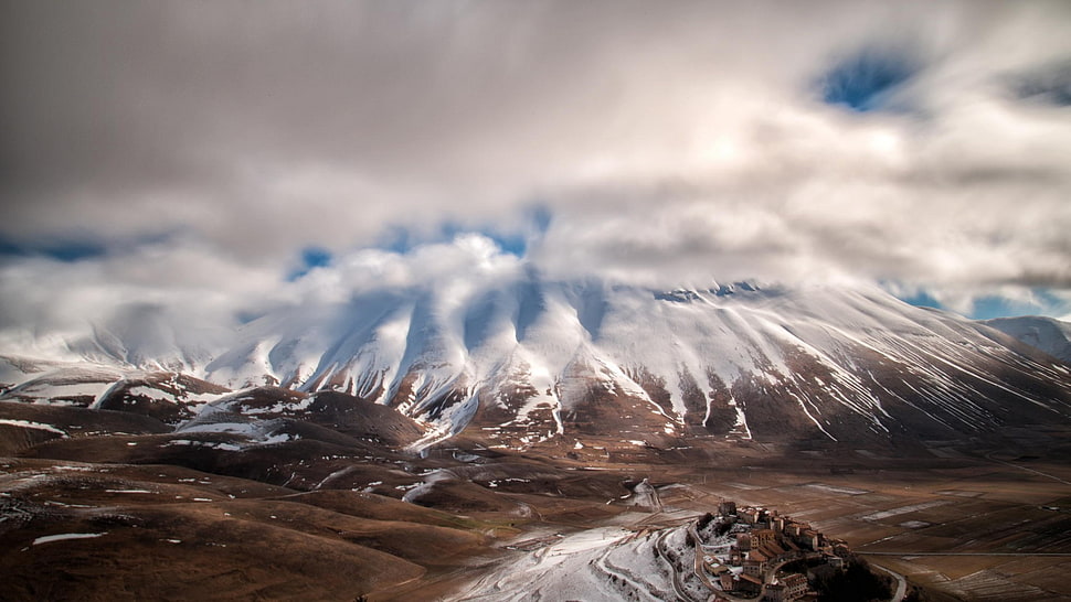 brown mountain, landscape, winter, clouds, mountains HD wallpaper