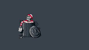 skeleton in red and white top in trash can digital wallpaper