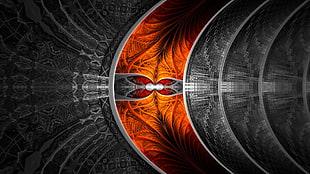 gray and orange floral wallpaper, abstract, fractal, selective coloring