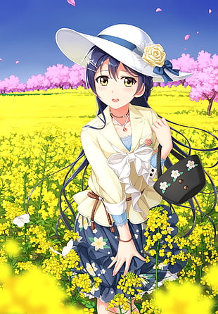 female anime character in yellow blazer with floral bag wallpaepr