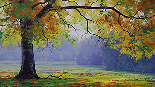 yellow and green tree wallpaper, painting
