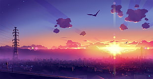 bird flying on sky digital wallpaper, anime, city, sunset, sky HD wallpaper