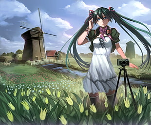Miku Hatsune standing near wind mill HD wallpaper