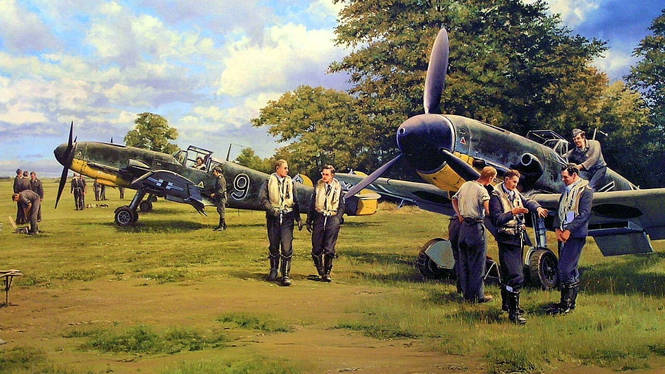 vintage airplanes and pilots painting, Messerschmitt, Messerschmitt Bf-109, World War II, Germany HD wallpaper