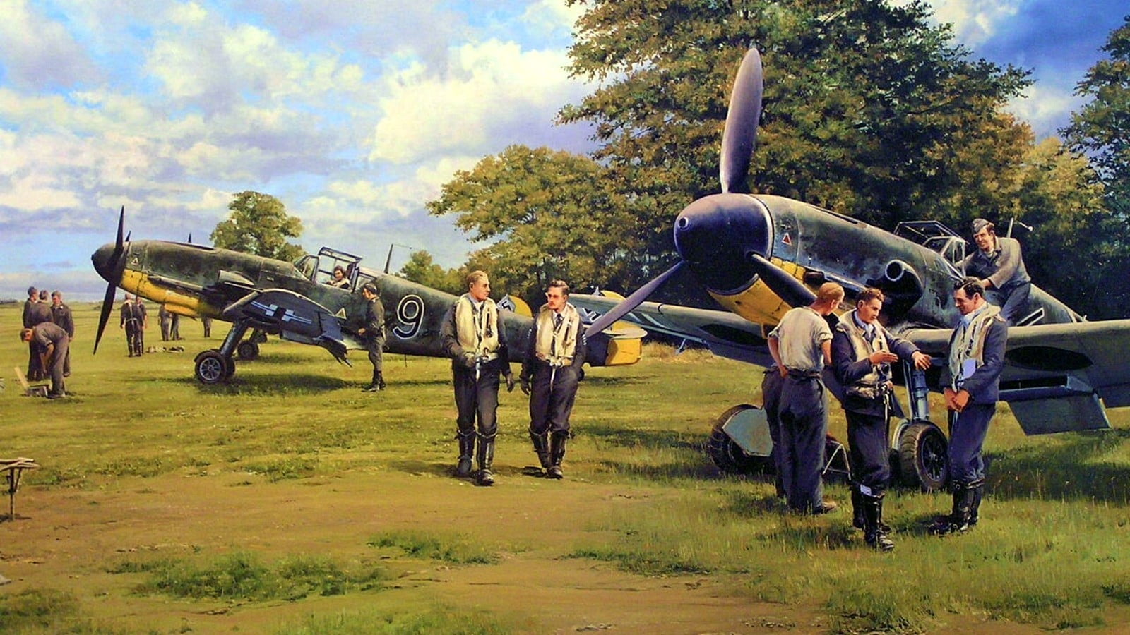 vintage airplanes and pilots painting, Messerschmitt, Messerschmitt Bf-109, World War II, Germany