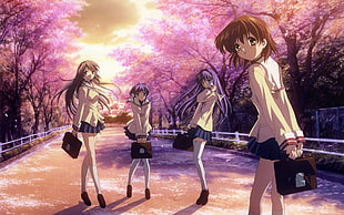 two brown and purple haired animated girls walking near cherry blossom tree during sunset
