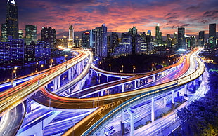 high rise buildings, interchange, Tokyo, long exposure, light trails HD wallpaper