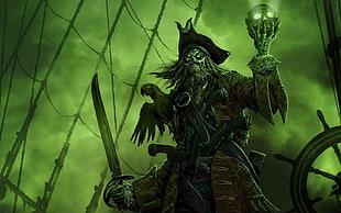 skeleton man holding skull lamp wallpaper, sea, old ship, pirates, green HD wallpaper